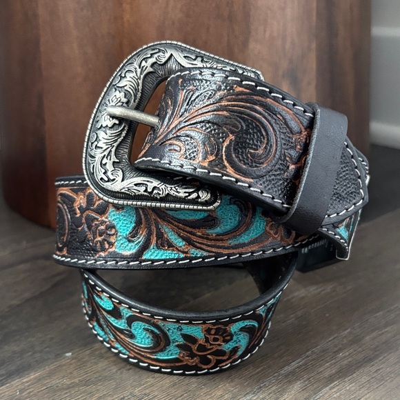 American Bison Genuine Leather,tooled floral,turquoise accents,silvertone buckle main image 5